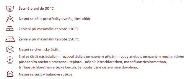 Symboly ošetření látek pro rolety ROMA 3